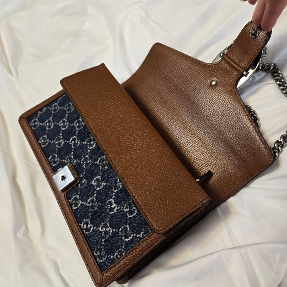 GUCCI Dionysus GG Denim Shoulder Bag Blue Brown Shoulder Chain - Picture 12 of 16